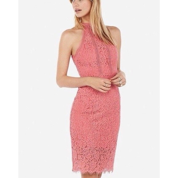 Express HIGH NECK LACE SHEATH DRESS CORAL sz 14 - Picture 2 of 13